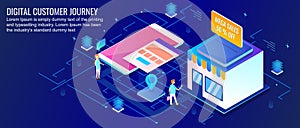 Isometric concept of digital customer journey, buyer decision map, ecommerce, location, online shopping. Flat design vector banner