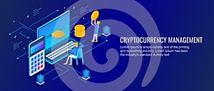 Isometric concept of digital money, crypto-currency, bit coin, management. People using digital currency on internet. Flat banner.