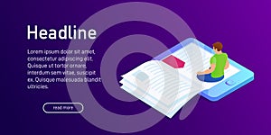 Isometric concept of e-book, landing page design.