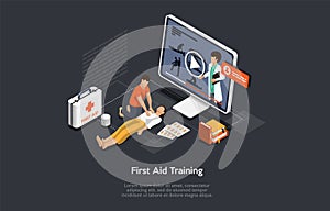 Isometric Concept Of First Aid Training Procedures Online Course With Teacher. Student Learn How to Perform Emergency