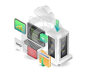 Isometric concept illustration of computer programmer cloud server