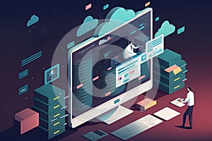 Isometric concept of cloud computing and data storage