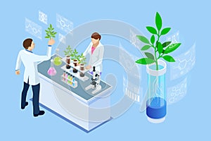 Isometric concept of laboratory exploring new methods of plant breeding and agricultural genetics. Plants growing in the