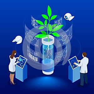 Isometric concept of laboratory exploring new methods of plant breeding and agricultural genetics. Plants growing in the