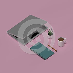 Isometric concept of laptop, spiral notebook, pencil, coffee and decorative plant. Ideal for blogging or home office. 3D rendered
