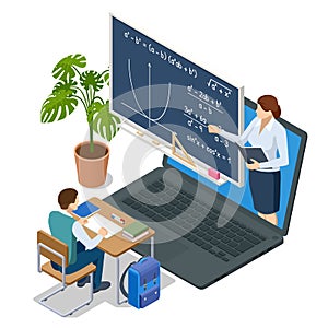Isometric concept of math and geometry lesson online. Online studying. Personalised learning. E-learning, online