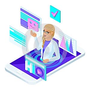 Isometric concept of online consultation of a female doctor of medicine, a social site with a live doctor`s communication