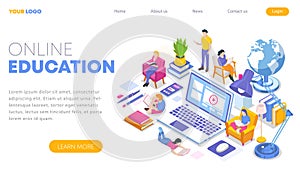 Isometric concept of online education in modern flat design. Landing page template. Training courses, tutorials, lectures. photo