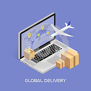 Isometric Concept Online tracking. Shipping and global deliveries by air service. Cardboard boxes with products