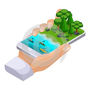 Isometric concept of outdoor recreation, shore of the lake, friends vacation on weekends, bbq, nature, forest, kayak, canoe