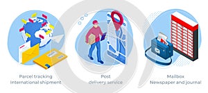 Isometric concept of Parcel tracking International shipment, Post delivery service and Mailbox, Newspaper and journal