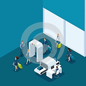 Isometric concept of passing baggage inspection at the entrance to the airport building, business trip