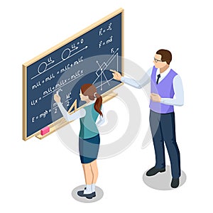 Isometric concept of physics lesson. Physics school subject. Schoolgirl is standing near blackboard and answer about