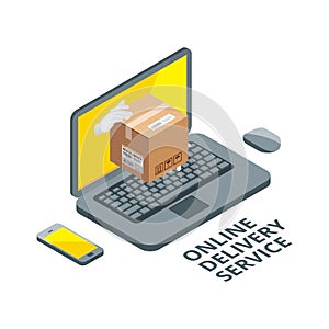 Isometric concept picture of online delivery. Real package from laptop screen