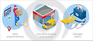 Isometric concept of Point of parcel delivery, Post office building delivery car, Packages Letters . Post office