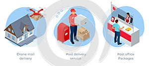 Isometric concept of Post office, Drone mail delivery, Post delivery service , Packages. Express delivery service