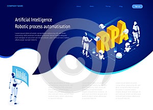 Isometric concept of RPA, artificial intelligence, robotics process automation, ai in fintech or machine transformation