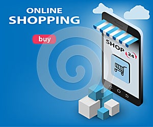Isometric Concept Shopping Online. Modern online technology using a mobile phone for template, web, poster, banner, flyer