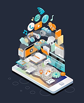 Isometric concept of smartphone with different applications, on-line services and stationary options.