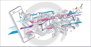 Isometric concept of smartphone with different applications, on-line services and stationary options.