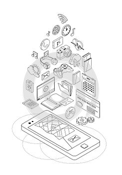 Isometric concept of smartphone with different applications, on-line services and stationary options.