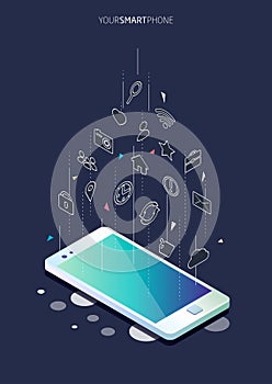 Isometric concept of smartphone with different applications, on-line services and stationary options.