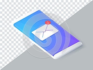 Isometric concept with smartphone and incoming messages. New mail, sms. e-mail notification. Vector illustration.