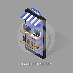 Isometric concept store online shopping of gadgets and electronics. Mobile phone store front. Sartwatches, tablets