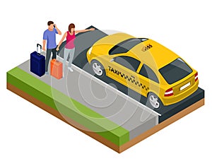 Isometric concept of taxi car, traveling people with baggage, a mobile taxi call application. Active recreation and
