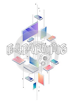 Isometric concept with thin line letters, typography word e-learning