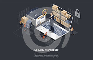 Isometric Concept Of Warehouse Security, Safe Logistics Delivery Service And Staff. Workers Are Sorting, Scanning Goods