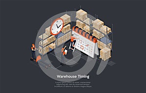 Isometric Concept Of Warehouse Timing.Work Process In Warehouse With Personnel. Manager With Tablet Is Monitoring The