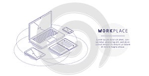 Isometric concept of workplace with computer, tablet, mobile