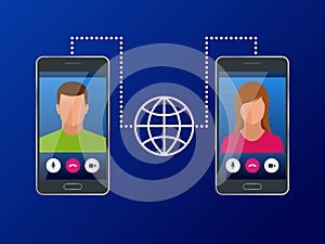 Isometric concept of world global communication with long distance. Man and woman communicating through video chat on