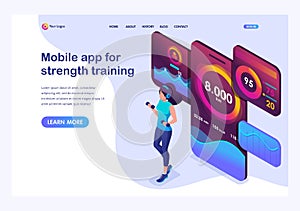 Isometric concept young girl is engaged in power training mobile app tracks your activity. Landing page template for the site