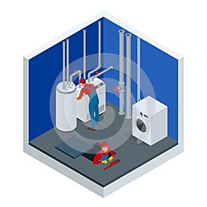 Isometric condensing boiler gas in the boiler room. Worker set up central gas heating boiler at home. Construction