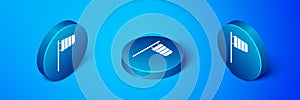 Isometric Cone meteorology windsock wind vane icon isolated on blue background. Windsock indicate the direction and