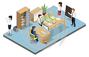 Isometric conference room with workers. Business meeting office