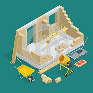 Isometric construction of a brick house. House building process vector illustration. Constructing home with tools and