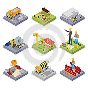 Isometric Construction Industry. Industrial Crane, Workers, Mixer and Buildings