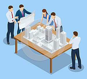 Isometric Construction Project Management, Architectural Project Planning, Architect design accessories on the workspace