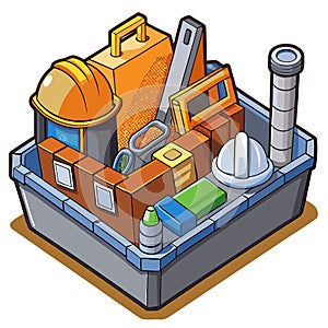 Isometric Construction Tools in a Blue Box on transparent background
