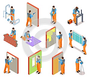 Isometric construction workers. Builder doing various works with material professional equipment. Industrial