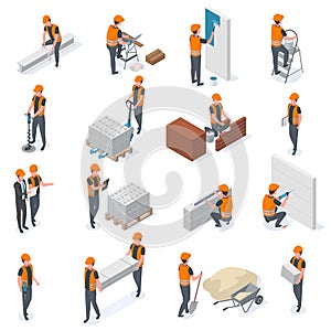 Isometric construction workers, builders and engineer characters. People lay bricks, paint walls and drill well vector