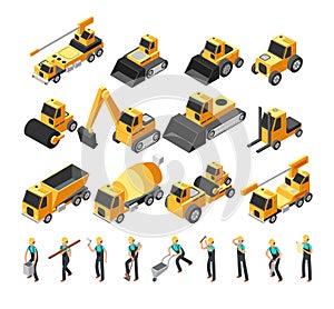 Isometric construction workers, building machinery and equipment 3d vector set