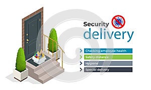 Isometric contactless deliveryman in a medical mask, gloves delivering food or products to the elderly and people with