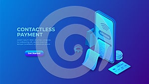 Isometric contactless payment with business check. Wireless NFC technology for cashless purchases
