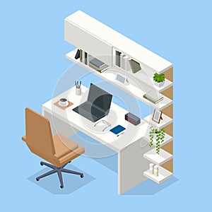 Isometric Contemporary workspace. Interior modern living room workspace with desk and desktop computer