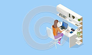 Isometric Contemporary workspace. Interior modern living room workspace with desk and desktop computer. Woman working at