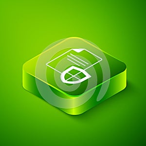 Isometric Contract with shield icon isolated on green background. Insurance concept. Security, safety, protection